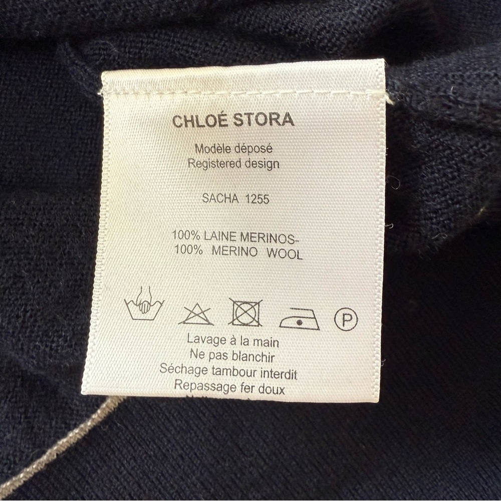 Chloe Stora Women’s Merino Wool V-Neck Collared Sweater Polo Navy and White - Picture 6 of 6